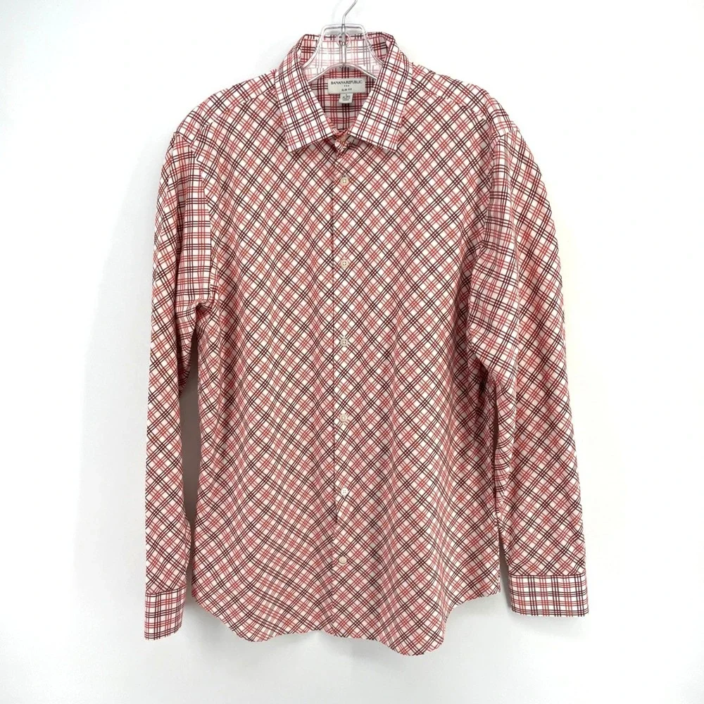 Banana Republic Mens‎ Slim Fit Button Down Shirt Large L Red White Plaid Cotton
